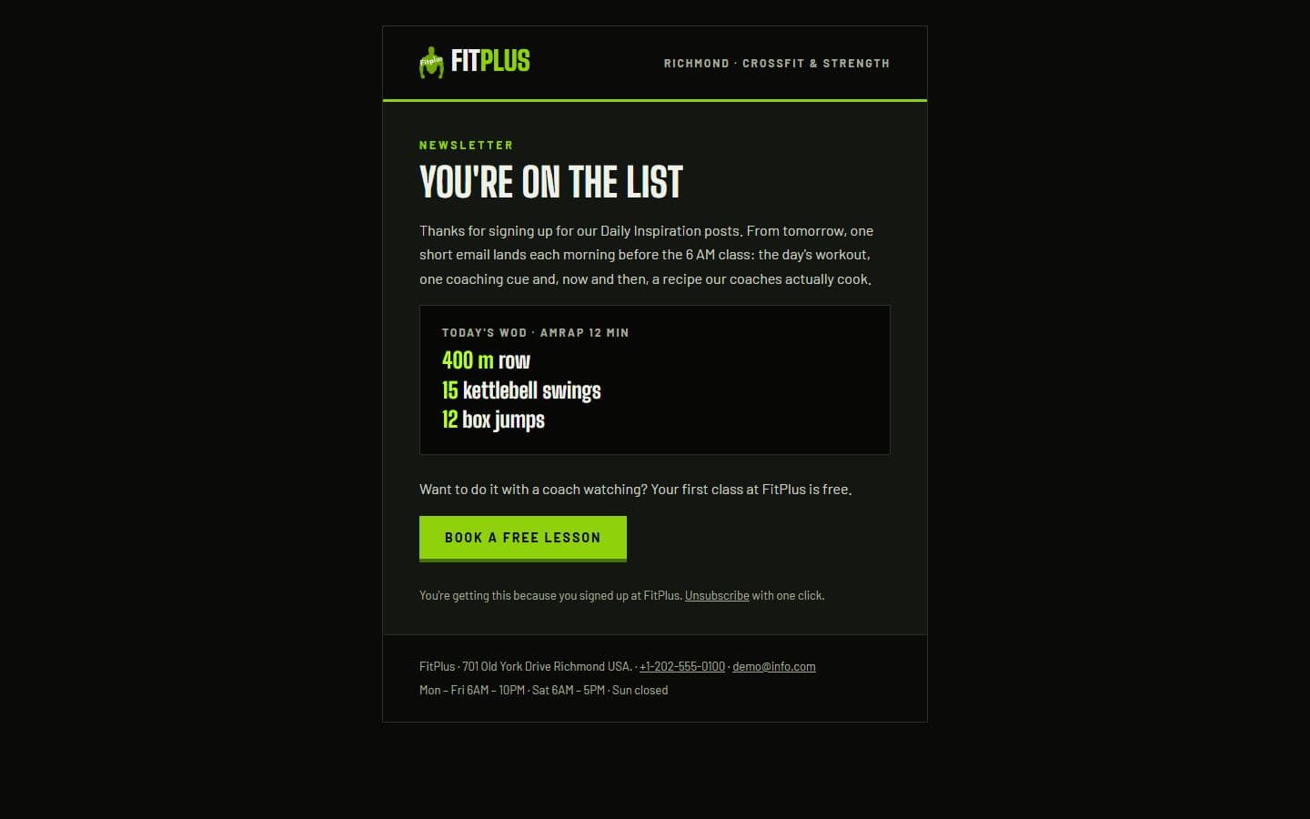 FitPlus Email: newsletter welcome page