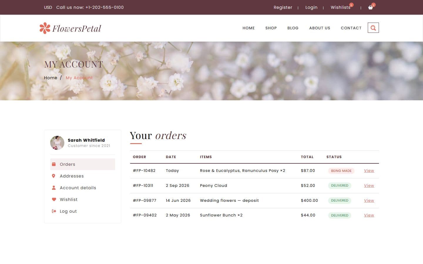 FlowersPetal Account page