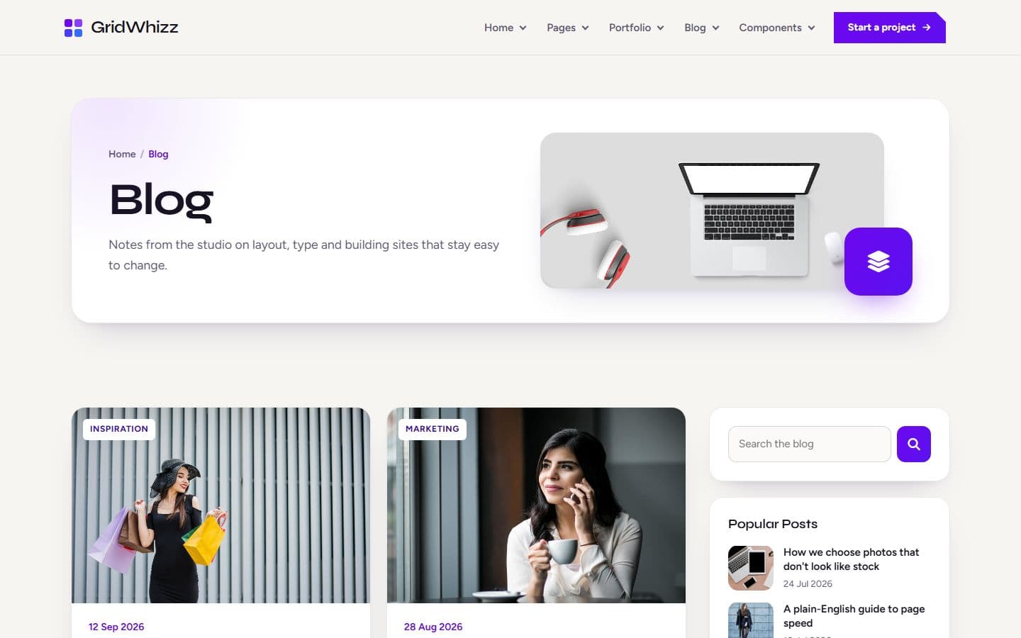 GridWhizz Blog grid with sidebar page