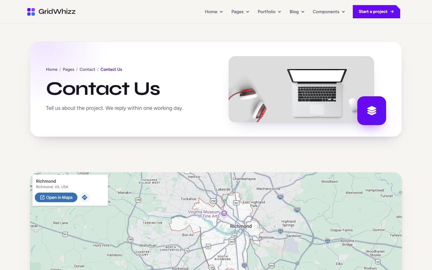 GridWhizz Contact full width map page