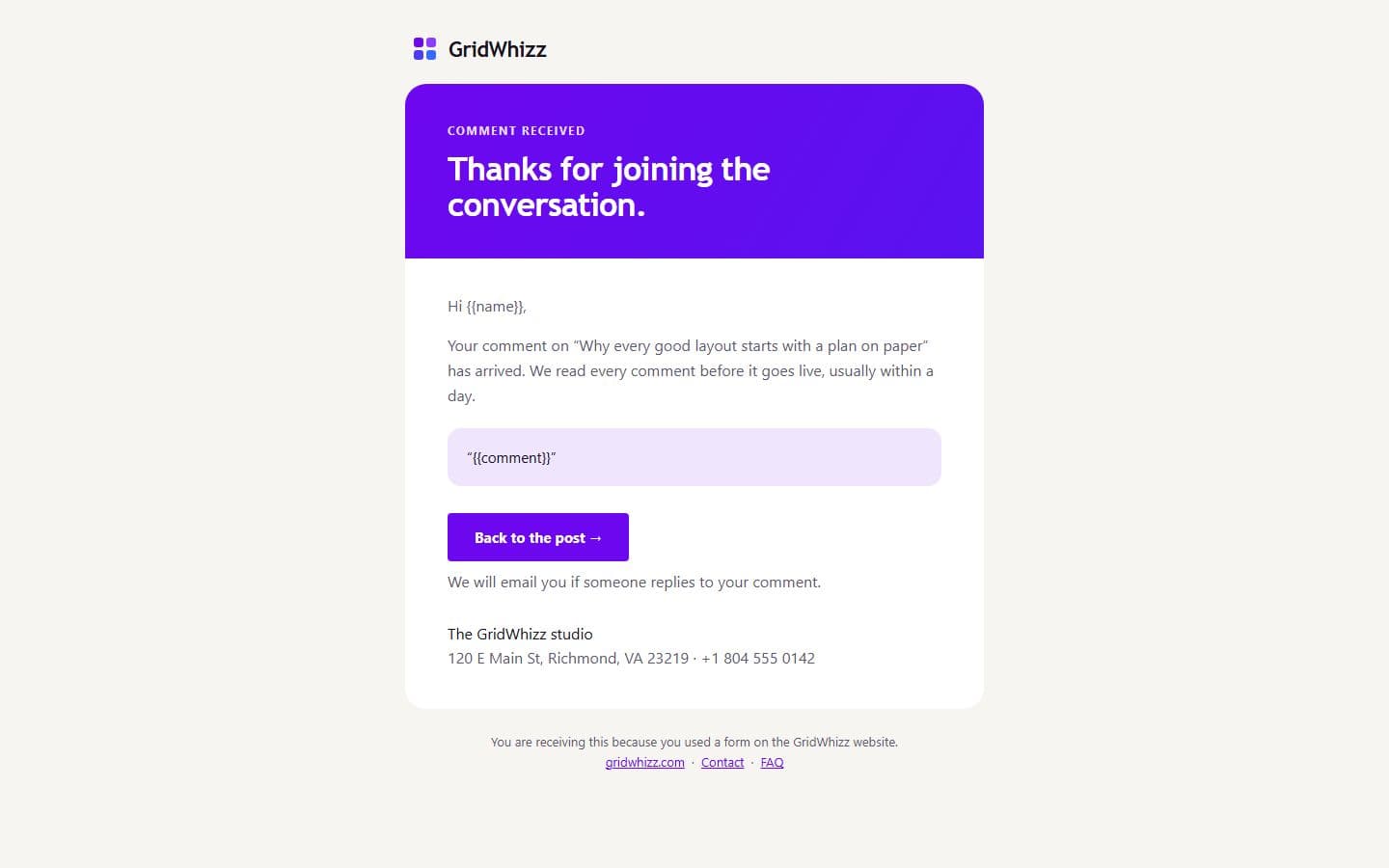 GridWhizz Email: comment received page