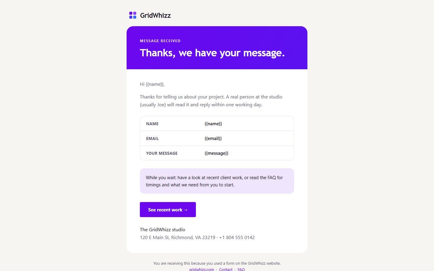 GridWhizz Email: contact reply page