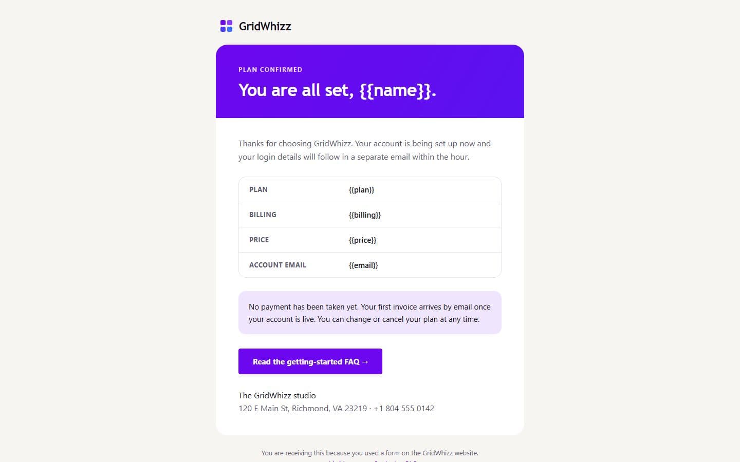 GridWhizz Email: plan signup page