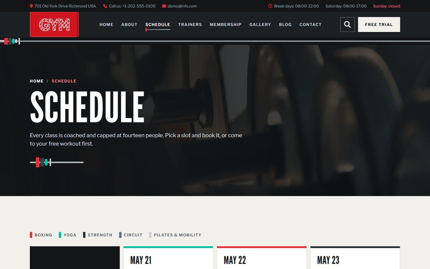 Gym-Vigour Schedule page