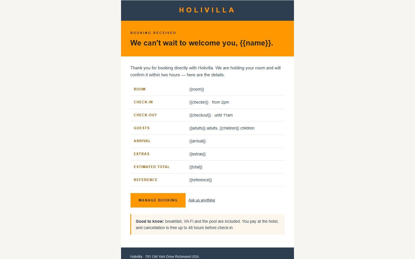 HoliVilla Email: booking confirmation page