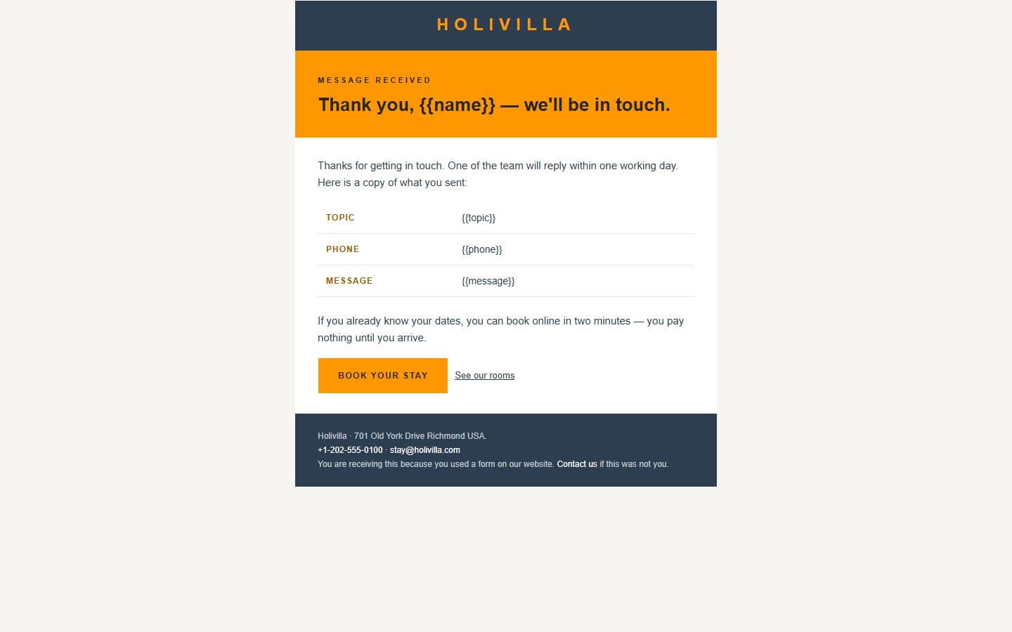 HoliVilla Email: contact reply page