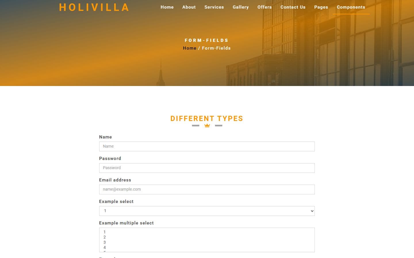 HoliVilla Form fields page