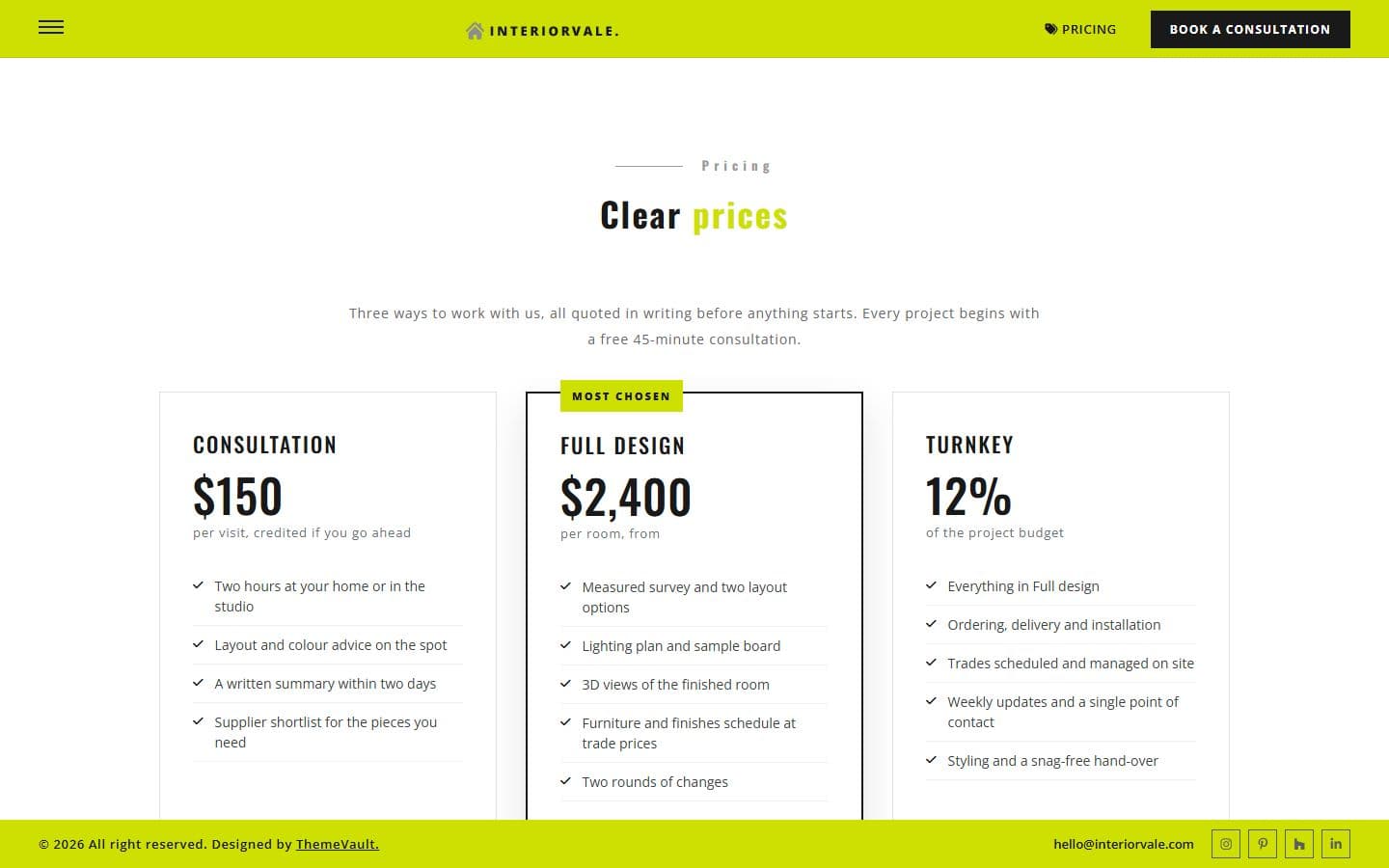 Interiorvale Pricing page