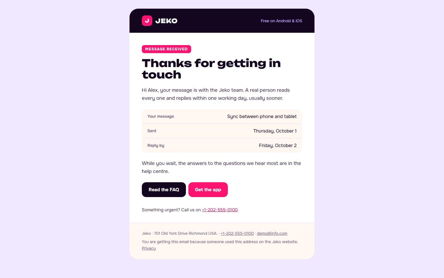 Jeko Email: contact reply page