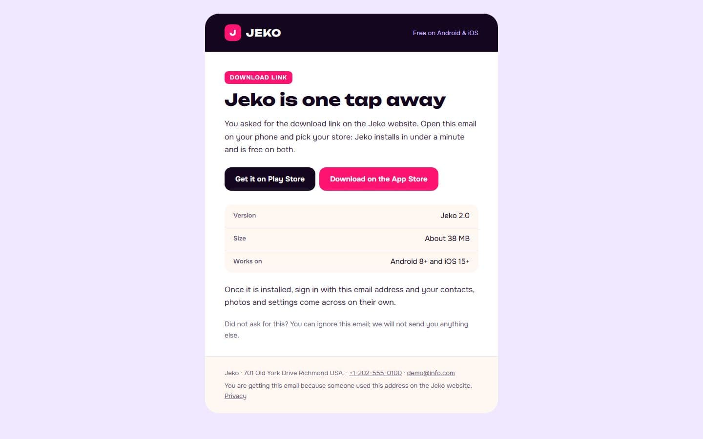 Jeko Email: download link page