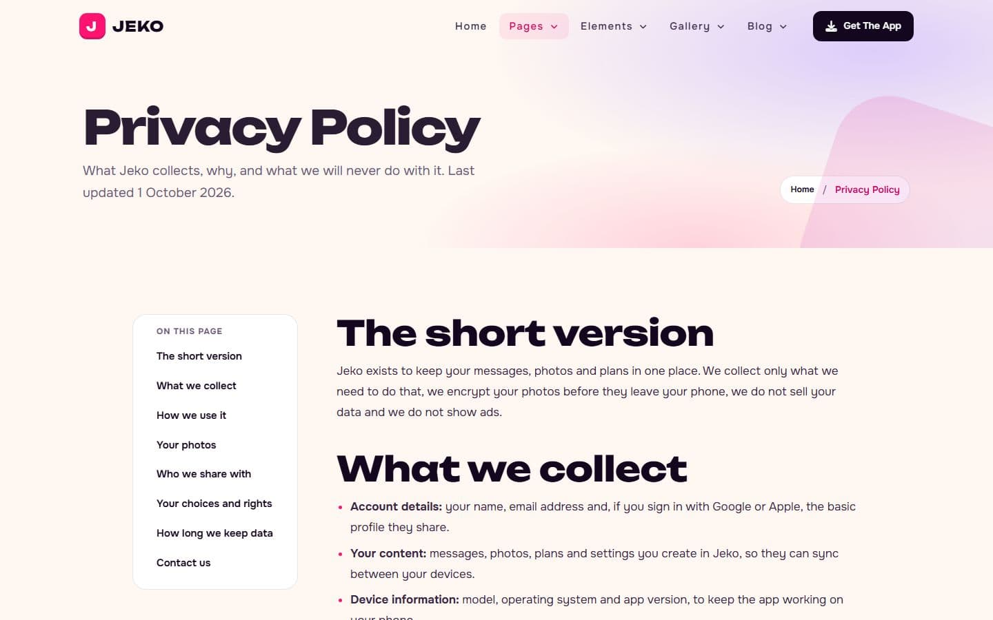 Jeko Privacy page
