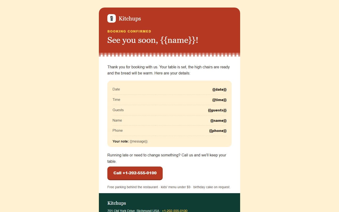 Kitchups Email: reservation page