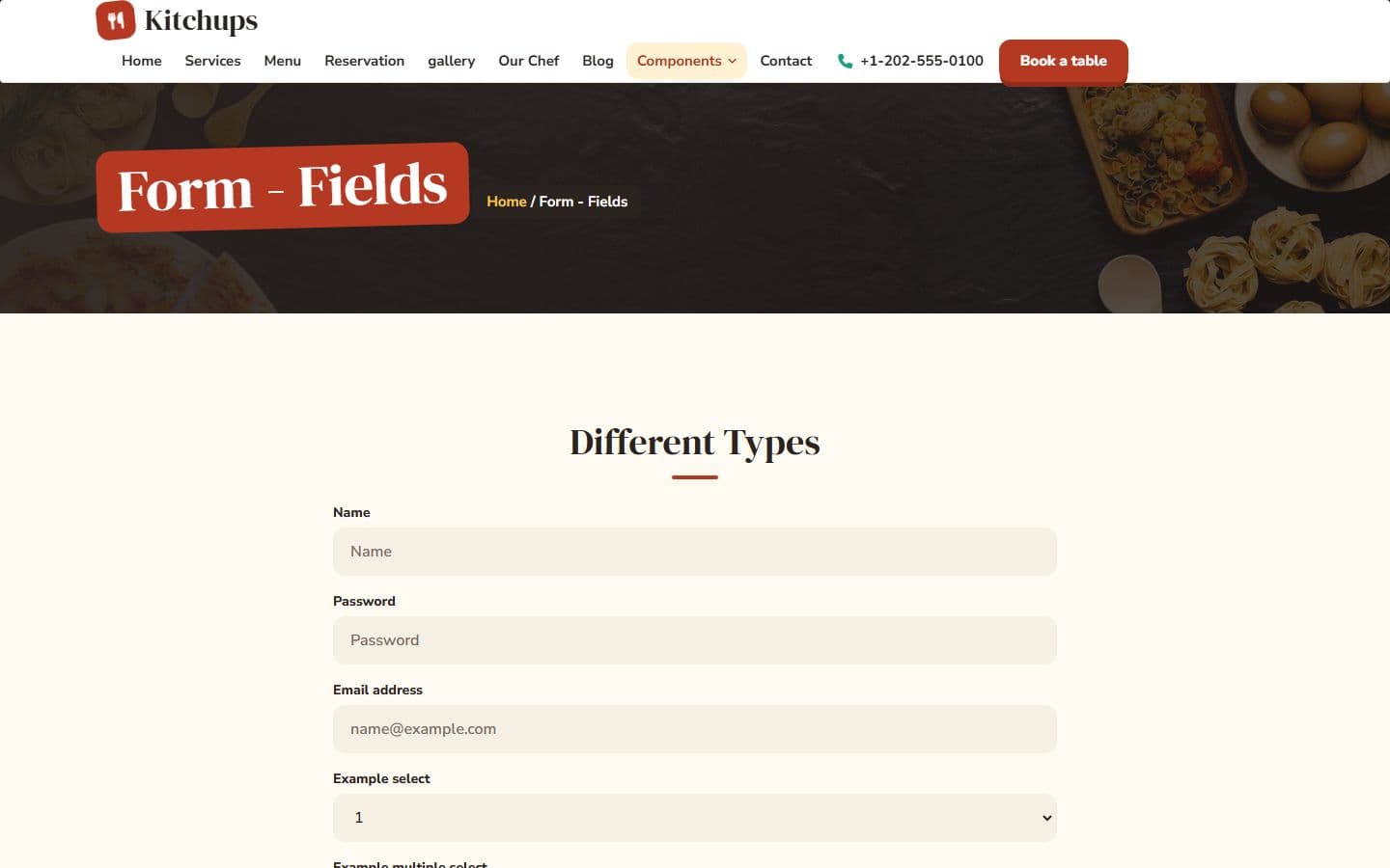 Kitchups Form fields page