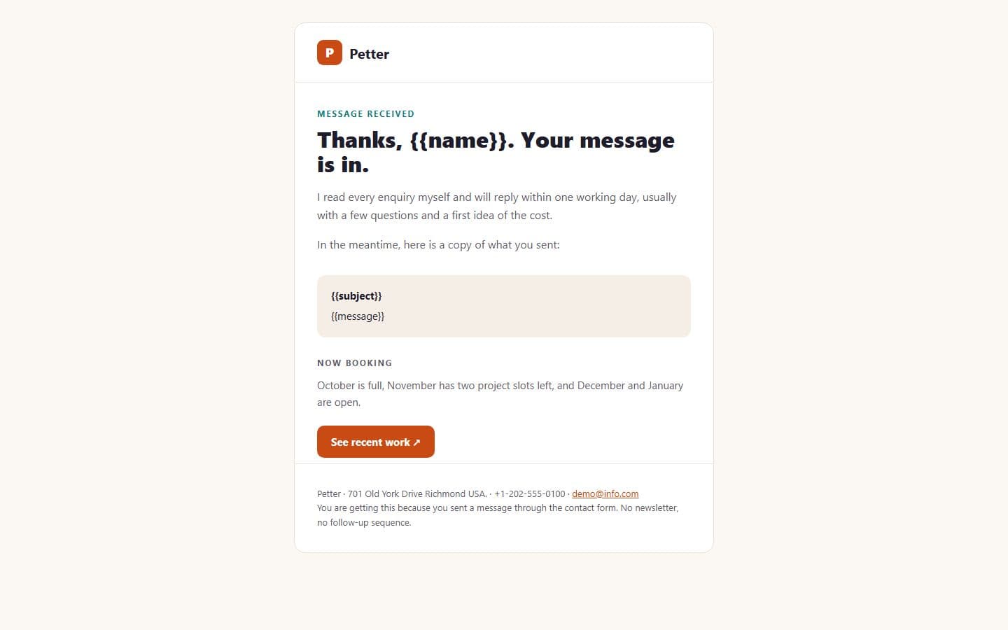 Petter Email: contact reply page