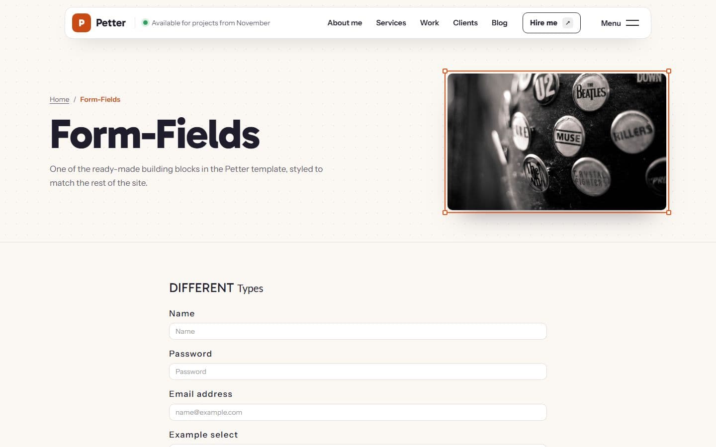 Petter Form fields page