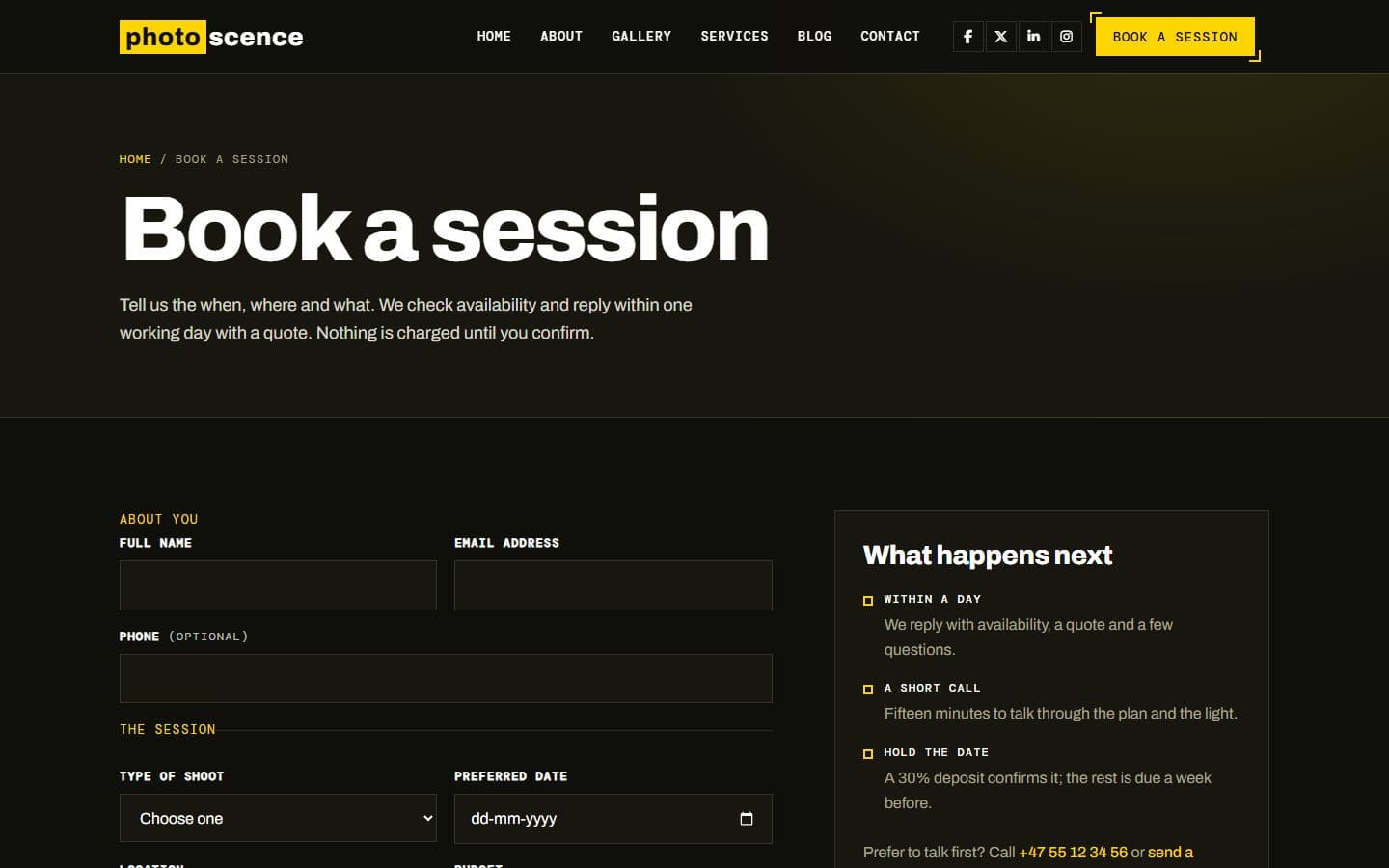 Photo Scence Booking page