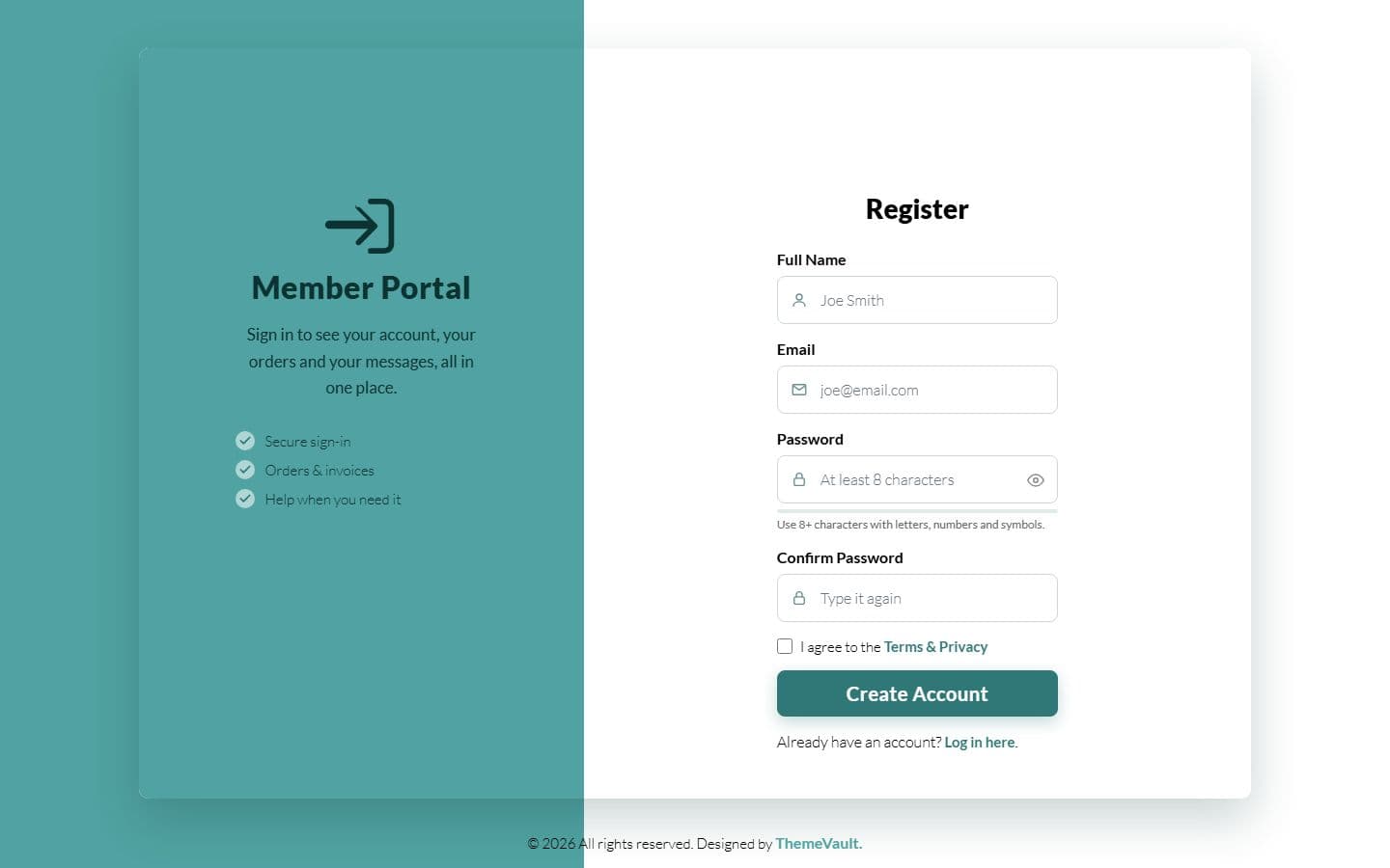 Portal Login Form Register page