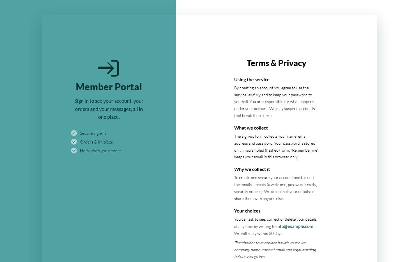 Portal Login Form Terms page