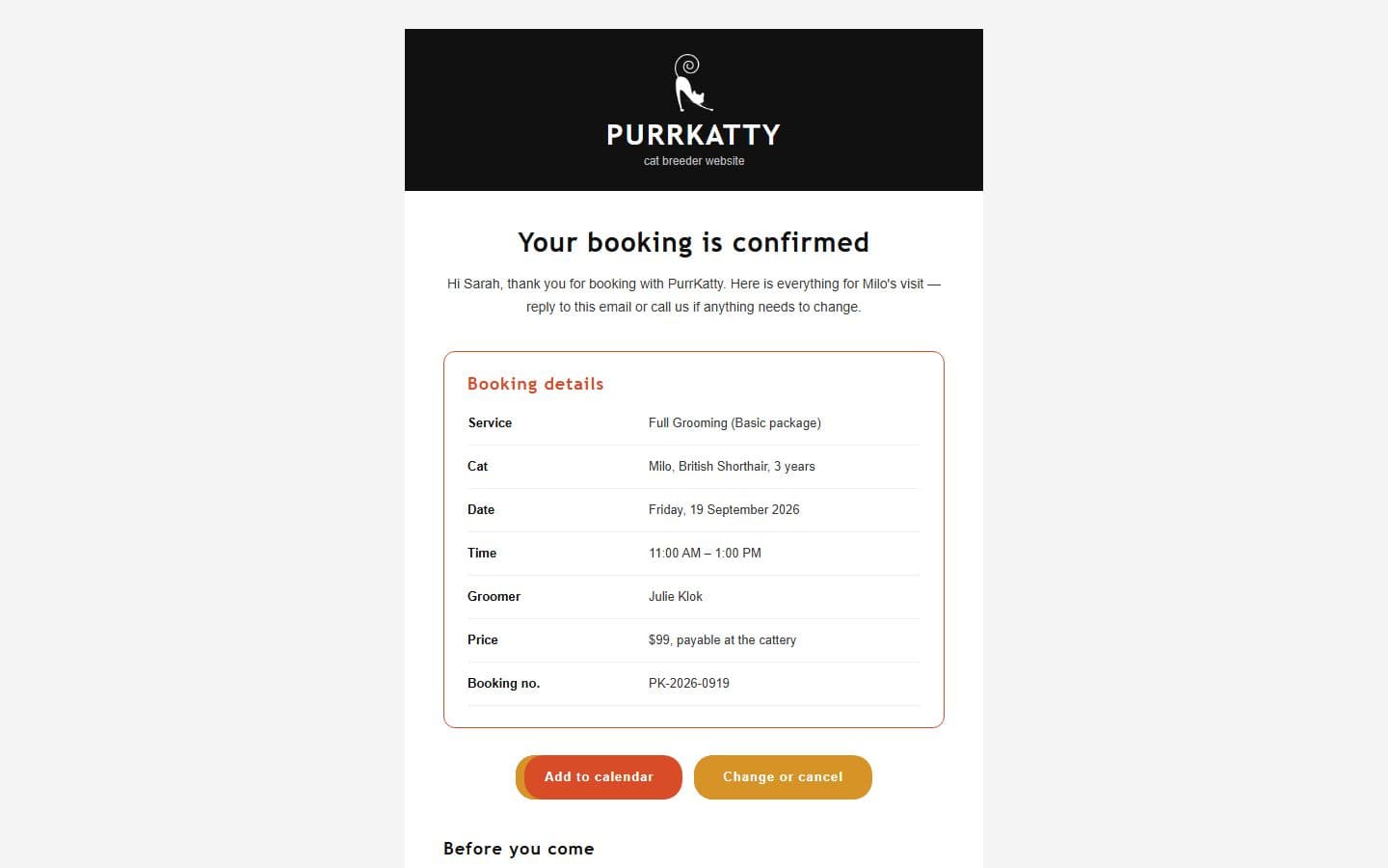 Purrkatty Email: booking page