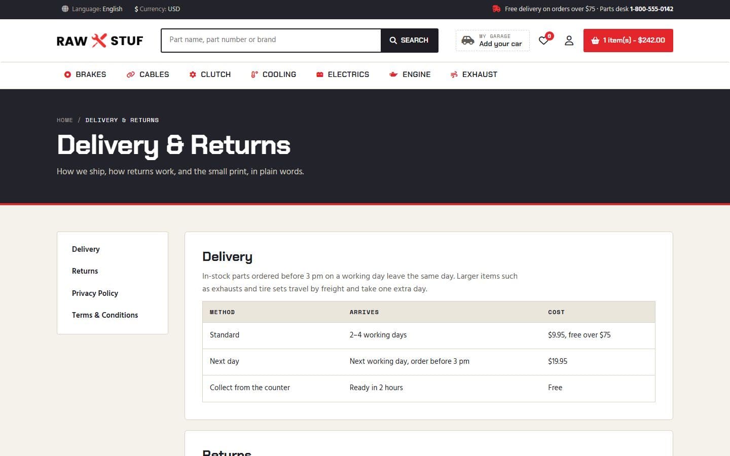 Rawstuf Delivery returns page