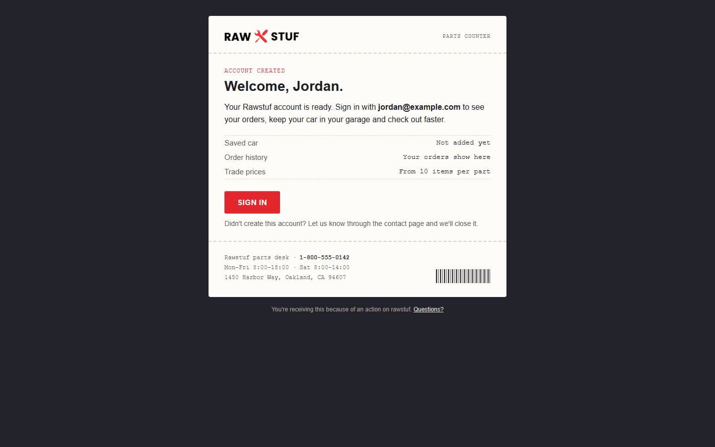 Rawstuf Email: account welcome page
