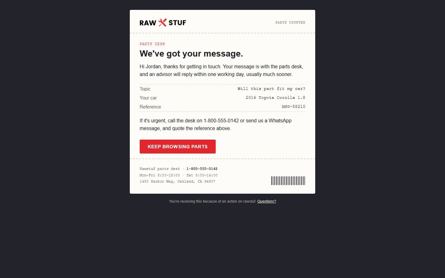 Rawstuf Email: contact reply page