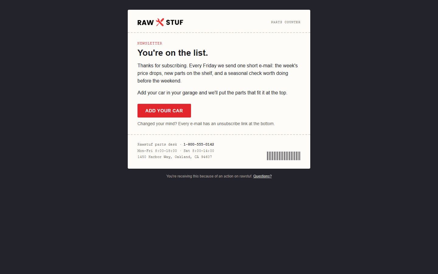 Rawstuf Email: newsletter welcome page