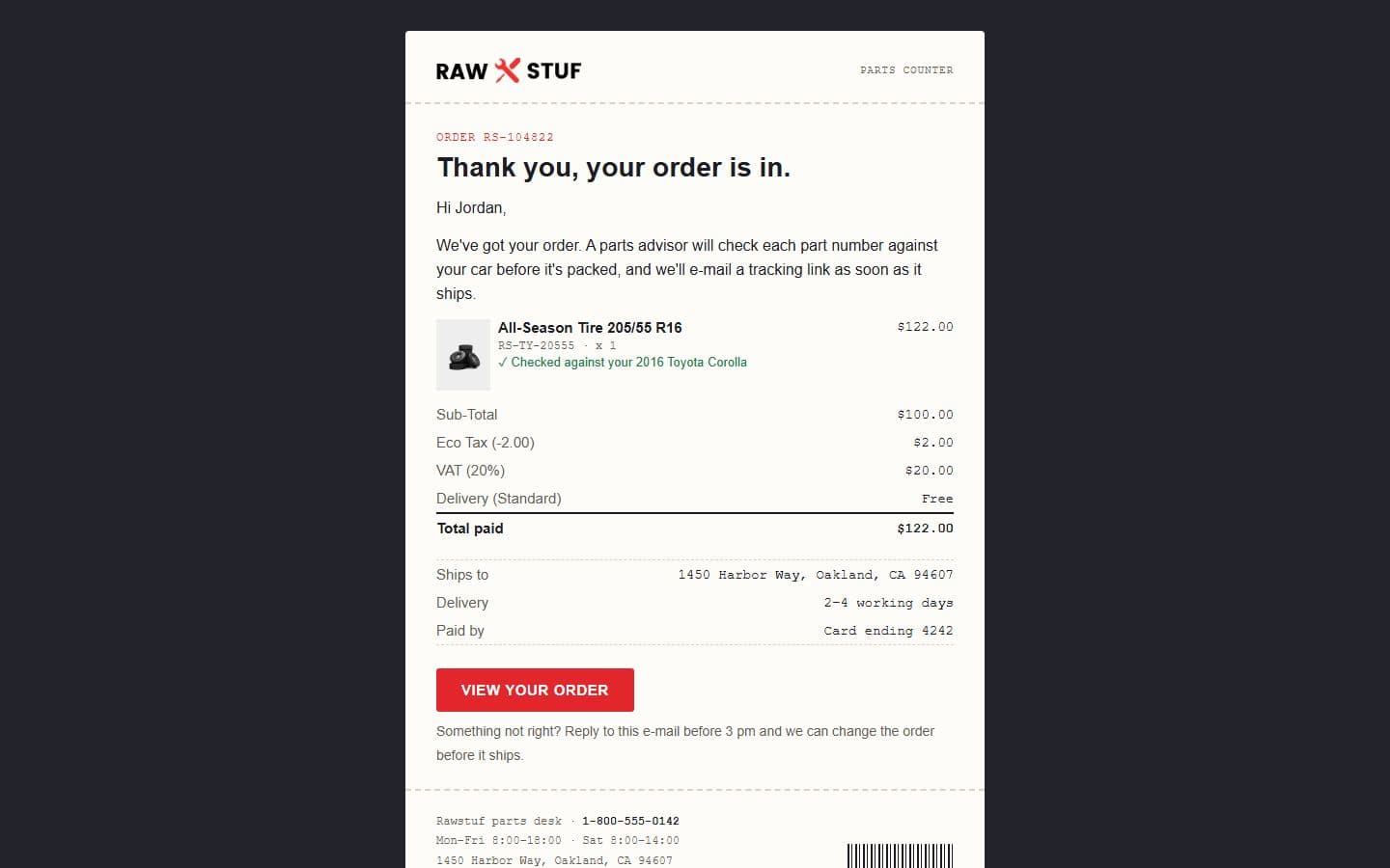 Rawstuf Email: order confirmation page