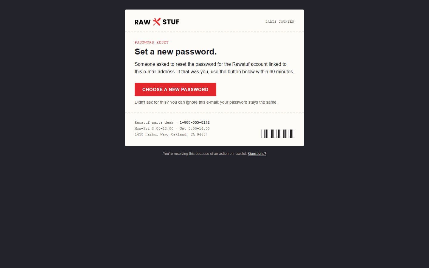 Rawstuf Email: password reset page