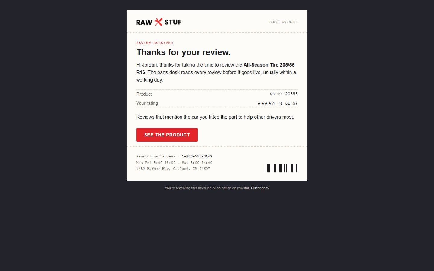Rawstuf Email: review received page