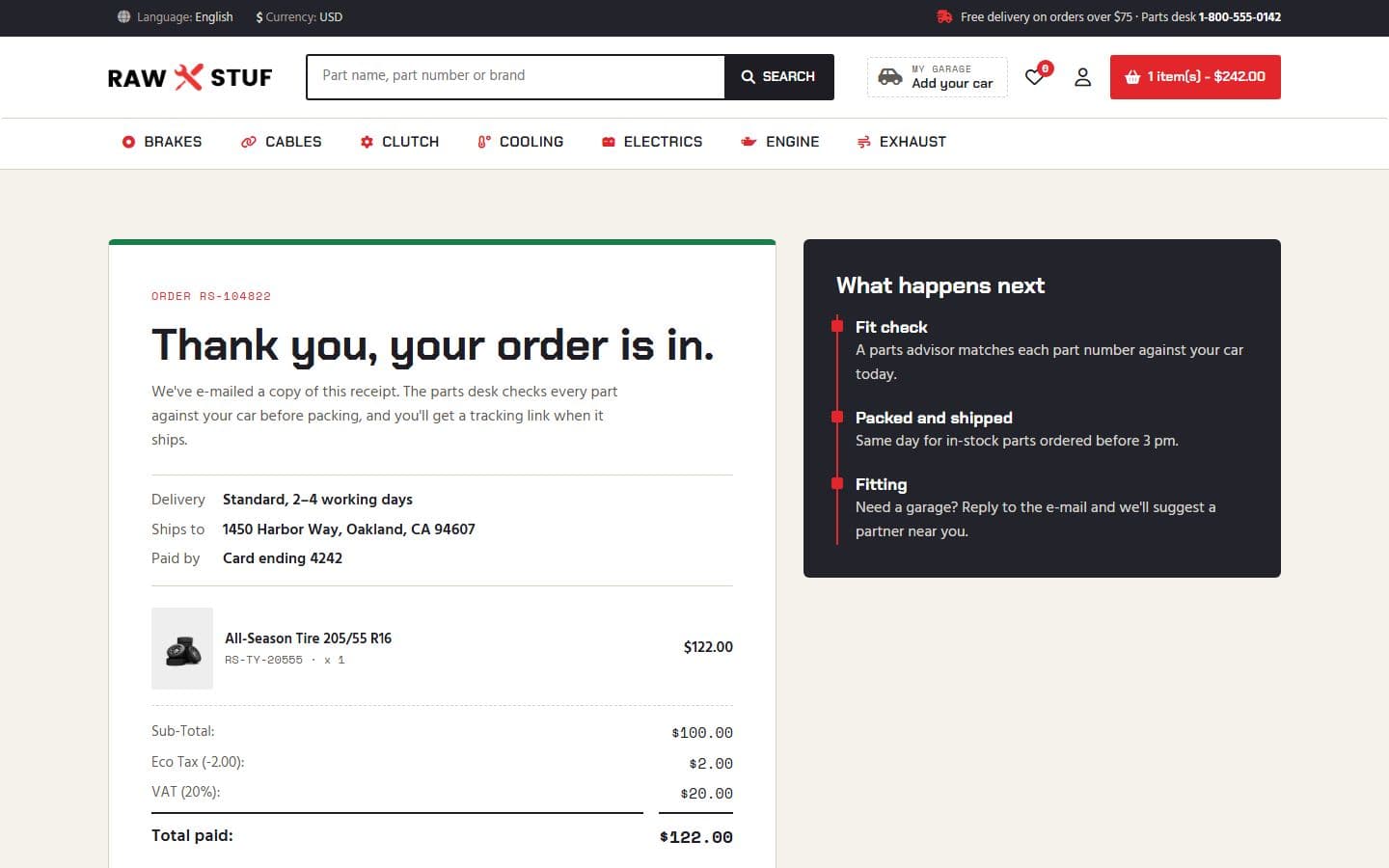 Rawstuf Order confirmed page