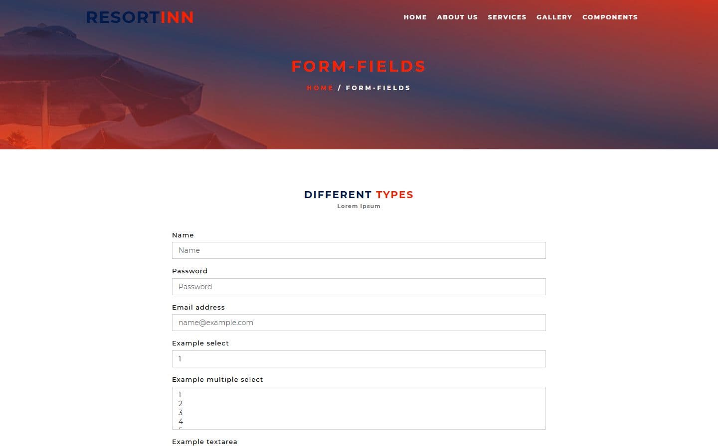 ResortIn Form fields page