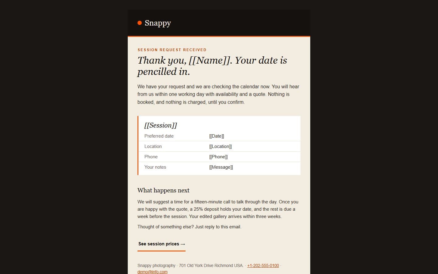 Snappy Email: booking page