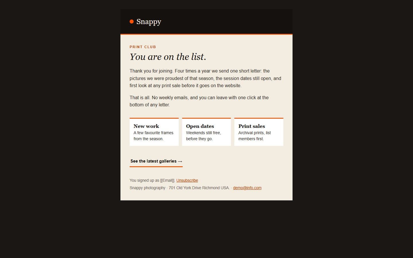 Snappy Email: newsletter page