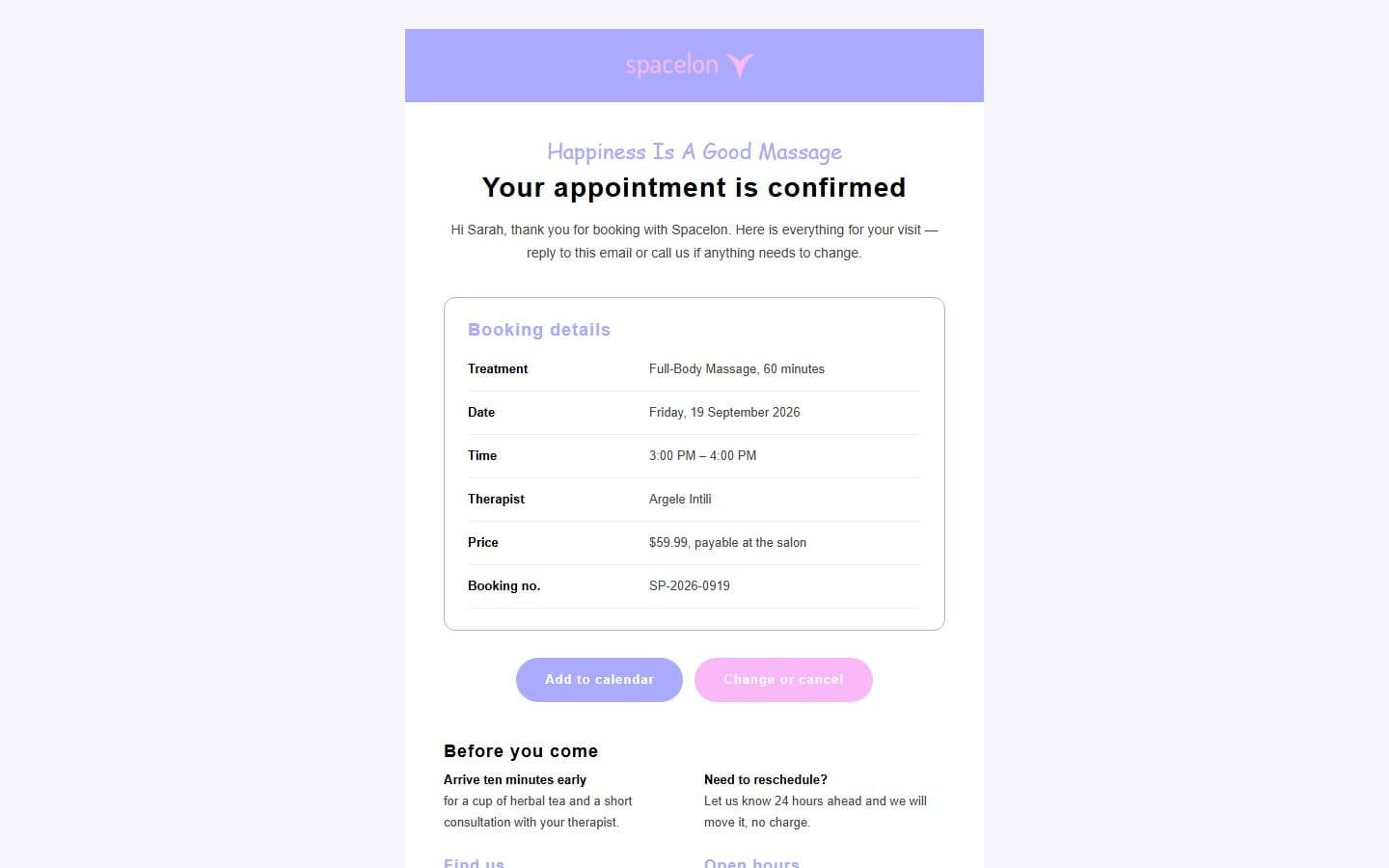 Spacelon Email: appointment page