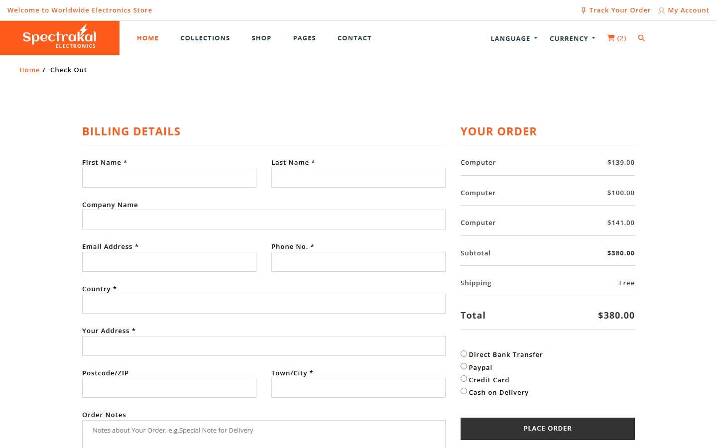 Spectrakal Checkout page