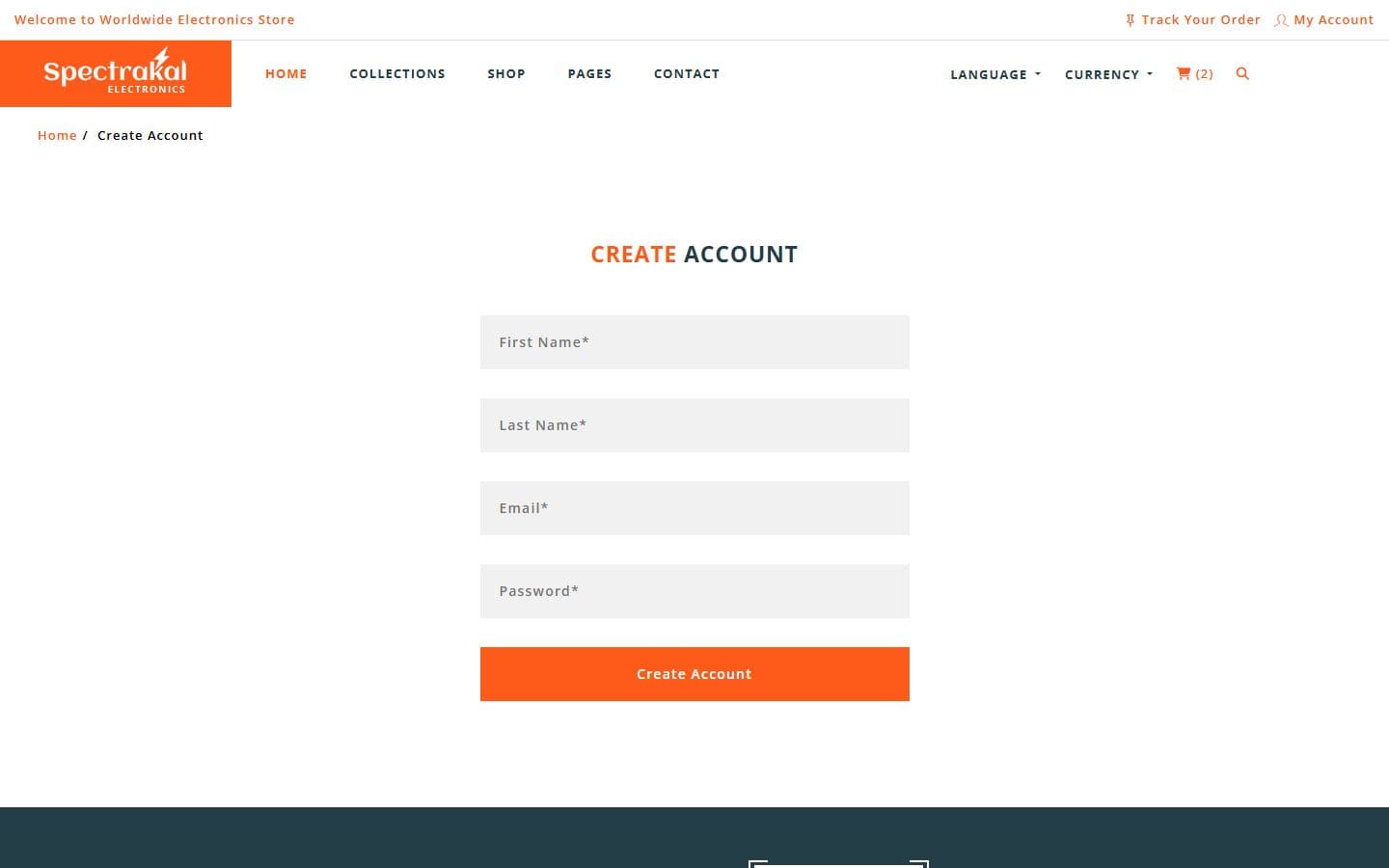 Spectrakal Createaccount page
