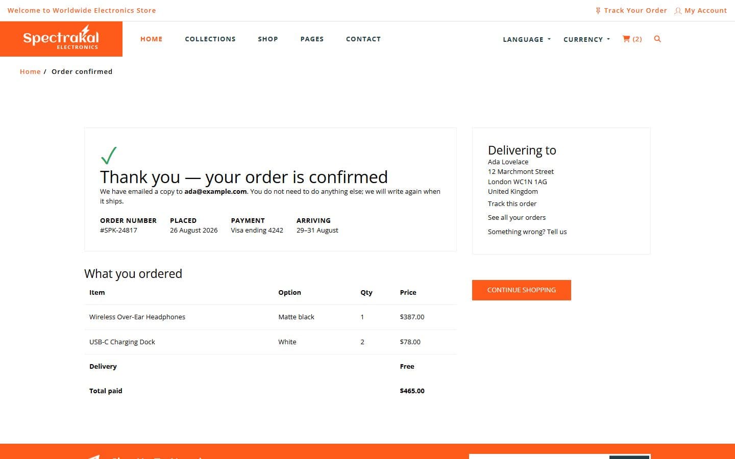Spectrakal Order confirmation page