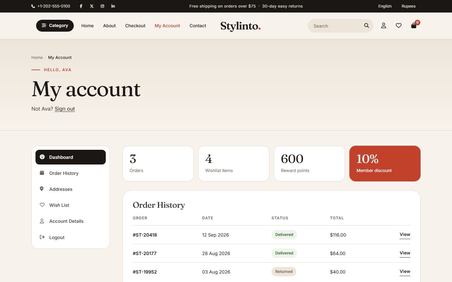 Stylinto Account page