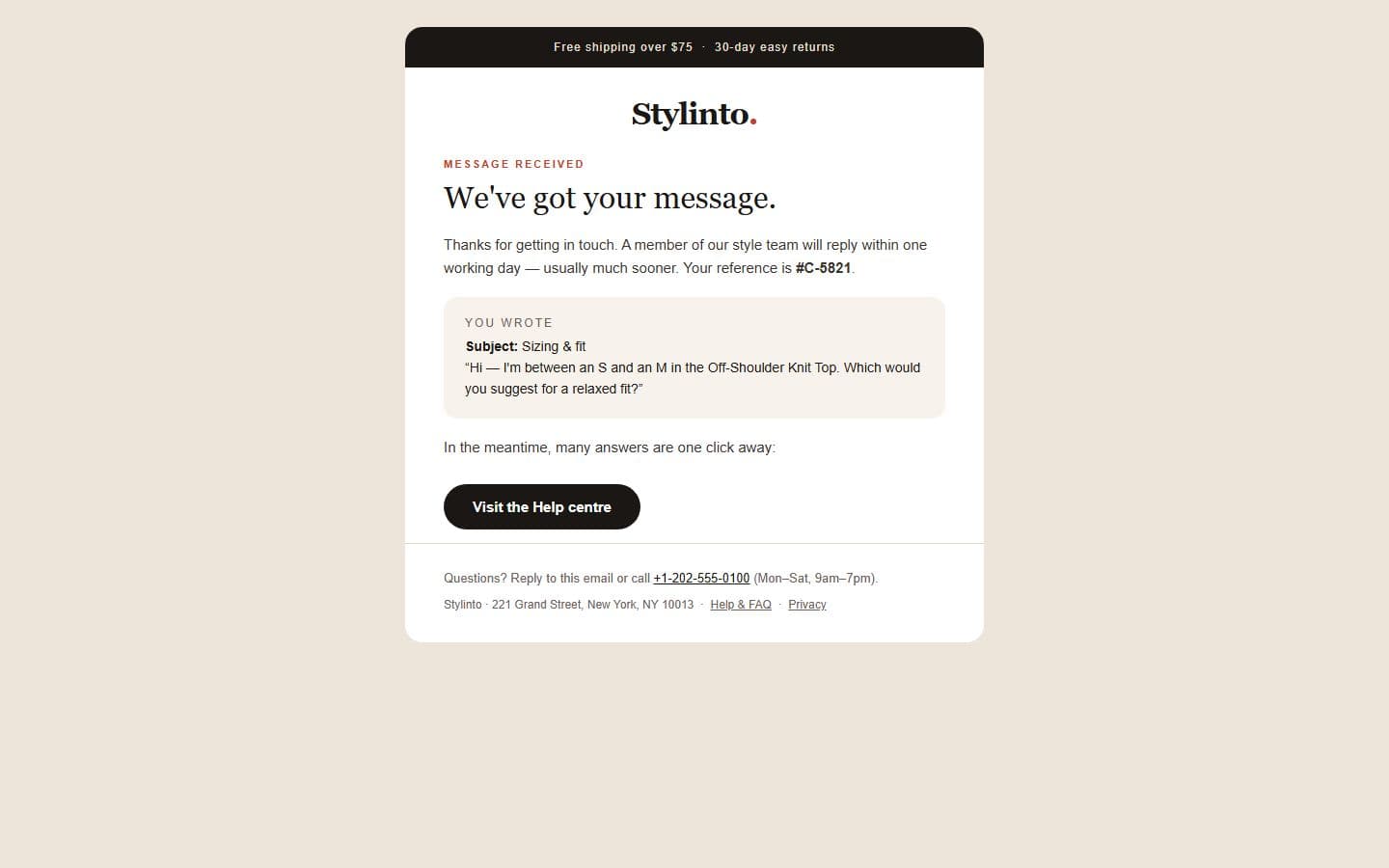 Stylinto Email: contact reply page