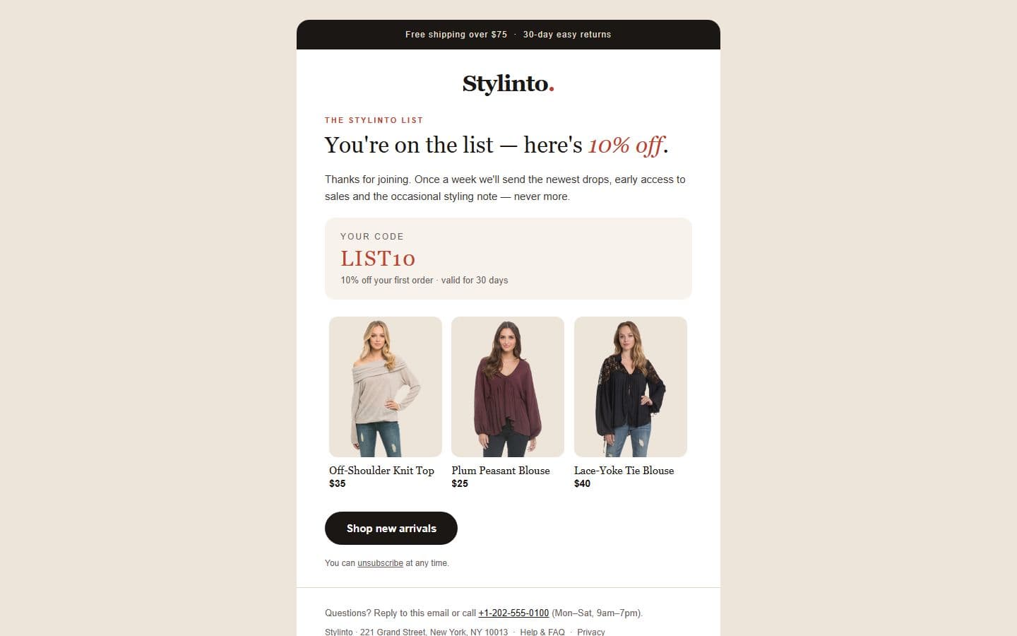 Stylinto Email: newsletter welcome page