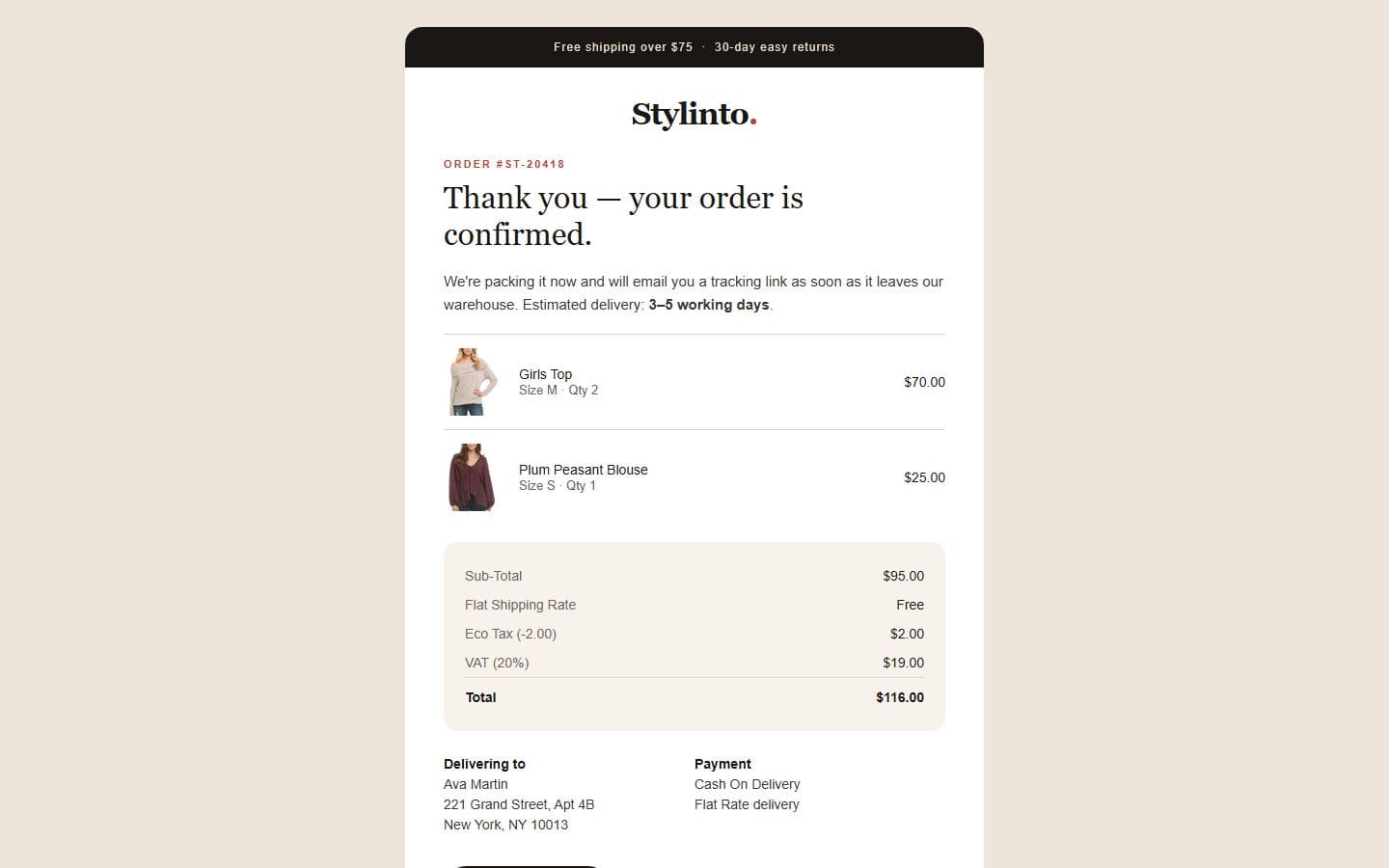 Stylinto Email: order confirmation page