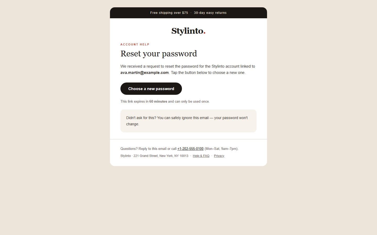 Stylinto Email: password reset page