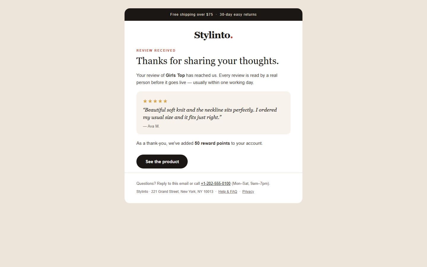 Stylinto Email: review received page