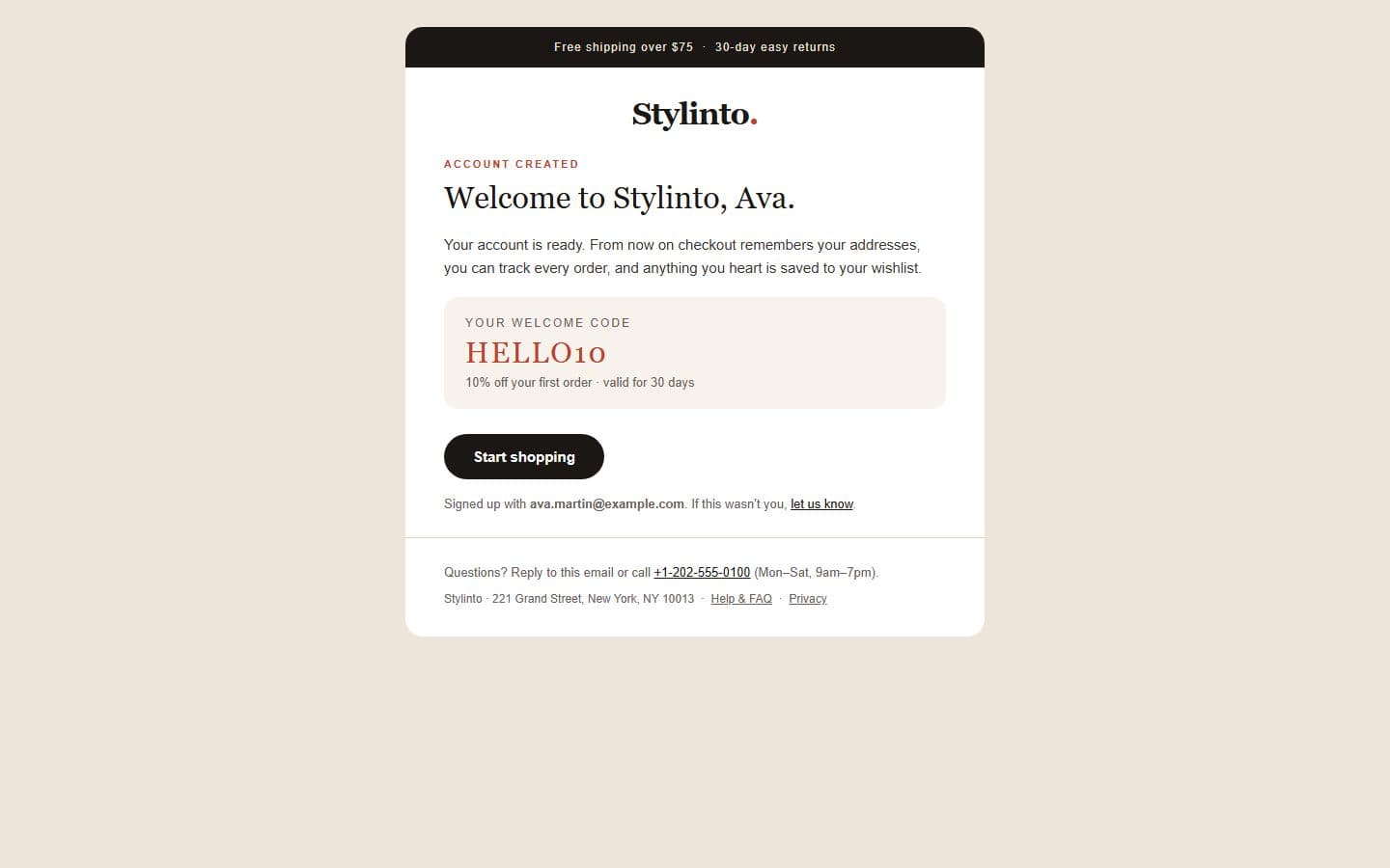 Stylinto Email: welcome page