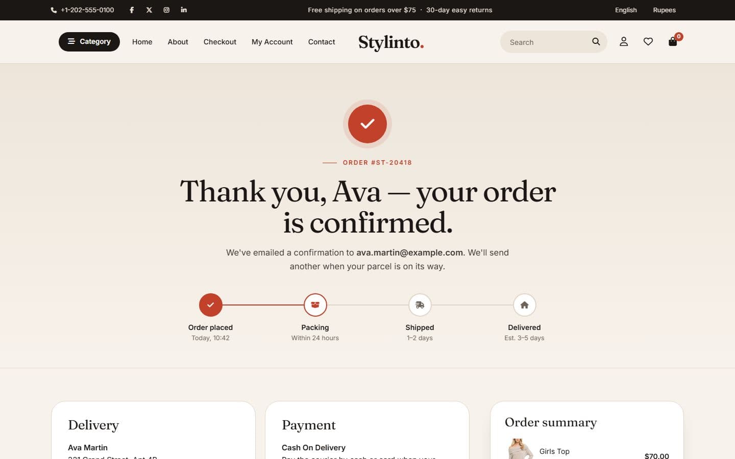 Stylinto Order confirmation page