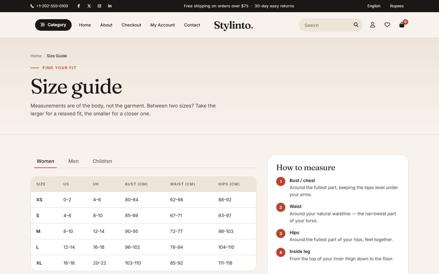 Stylinto Size guide page