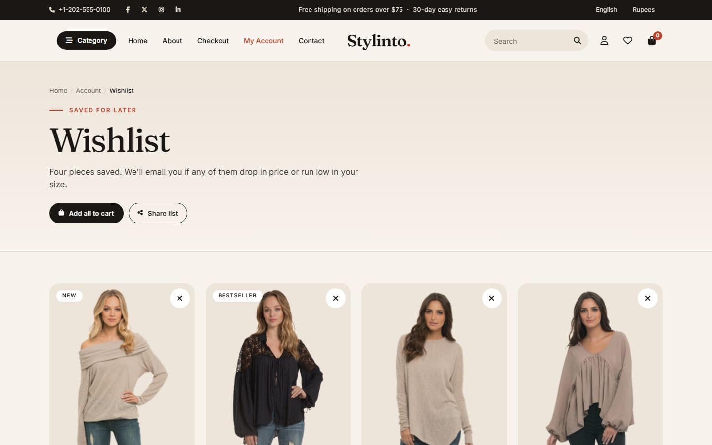 Stylinto Wishlist page