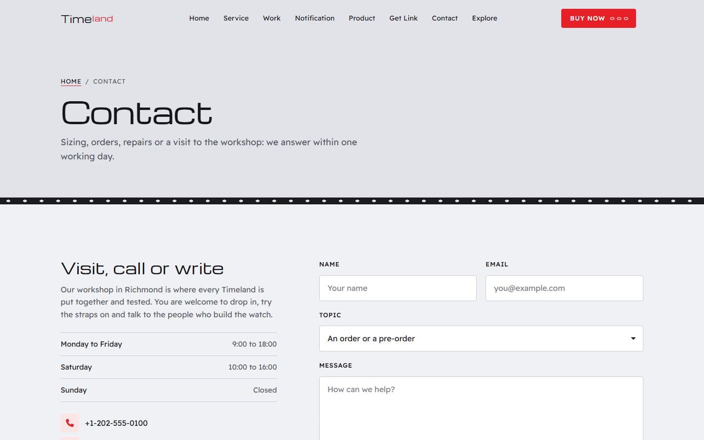 TimeLand Contact page