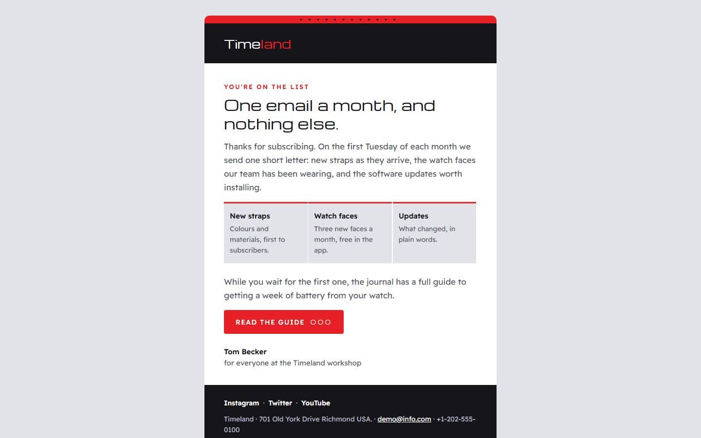 TimeLand Email: newsletter page